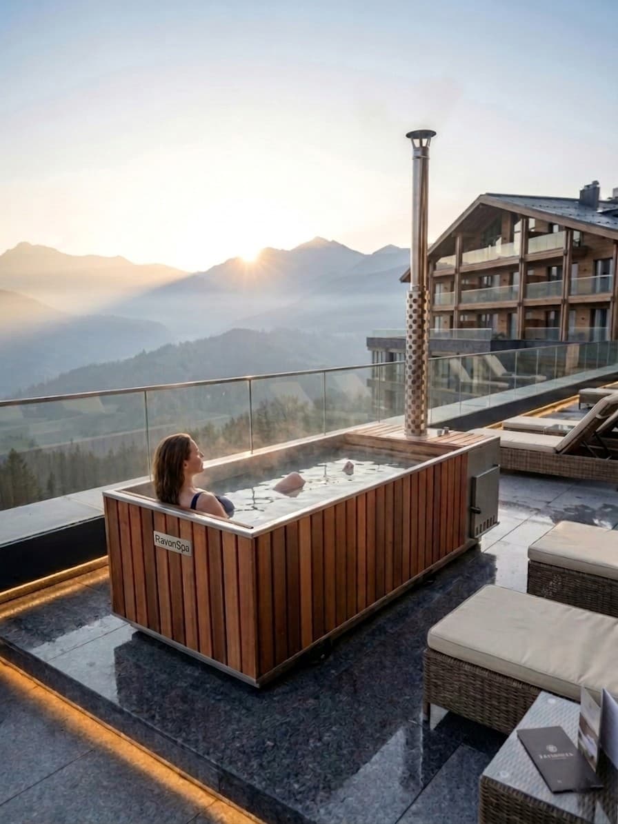 Zahradní vana RavonSpa z nerezové oceli 2325 × 940 mm — na dřevo